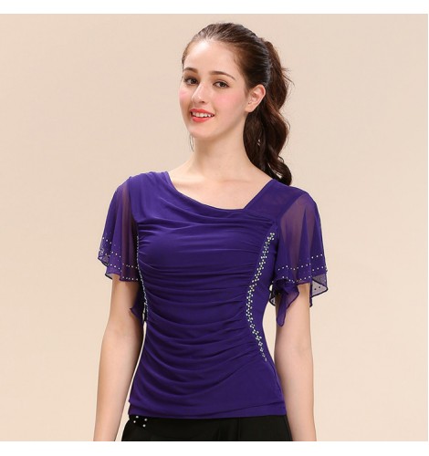 Black Purple Violet Short Sleeves Rhinestones Womens Ladies Stage Performance Ballroom Tango 